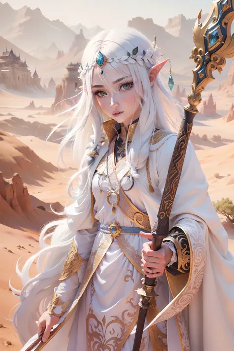 estilo anime, um elfo de longos cabelos brancos, holding a richly ornate spear, roupa chinesa branca, olhos grandes e expressivos, algumas pulseiras em seu pulso olhos azuis, paisagem de um deserto ao fundo da imagem