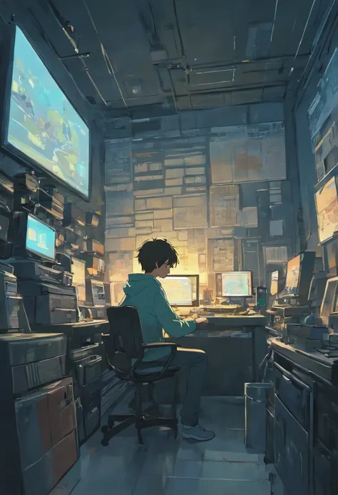 A nerdy kid is programming on a computer in a room full of gadgets, Por Makoto Shinkai e Ghibli Studio, Dramatic lighting, Altamente detallado, amazing quality, piel oscura, Conical fading