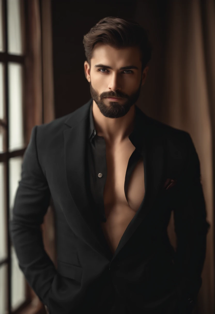 Up、Make a handsome man wearing nothing, brown hair and beard, , (Use a beard,) Attractive and serious look, short dark hair, Stylish and elegant, shave and strong body, (hightquality, Realistic images), Dark black and light on image background, Film Style,...