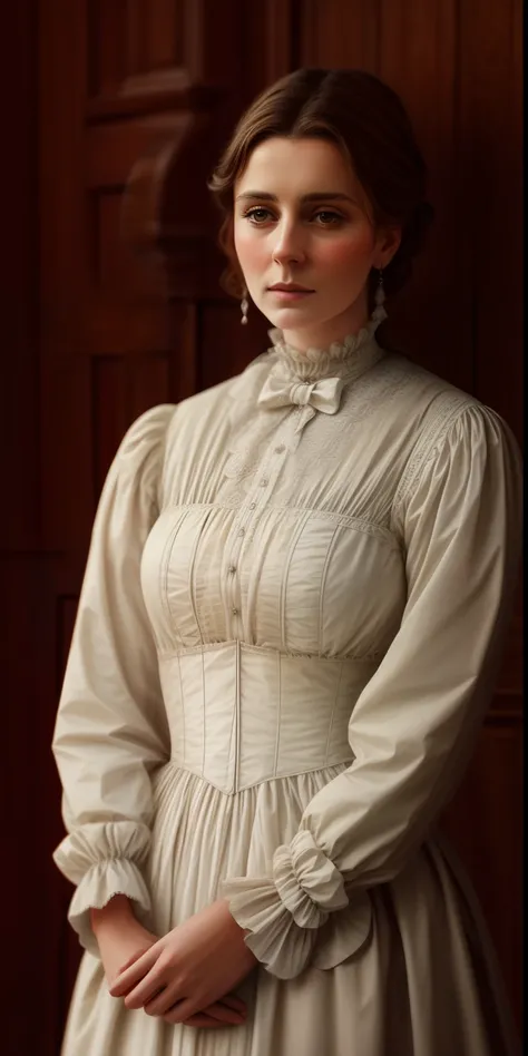 Sad woman in a white dress standing in front of a wooden wall, retrato elegante,an ultrarealistic photo, Victorian era, photorealistic, Victorian era colors, photorealistic