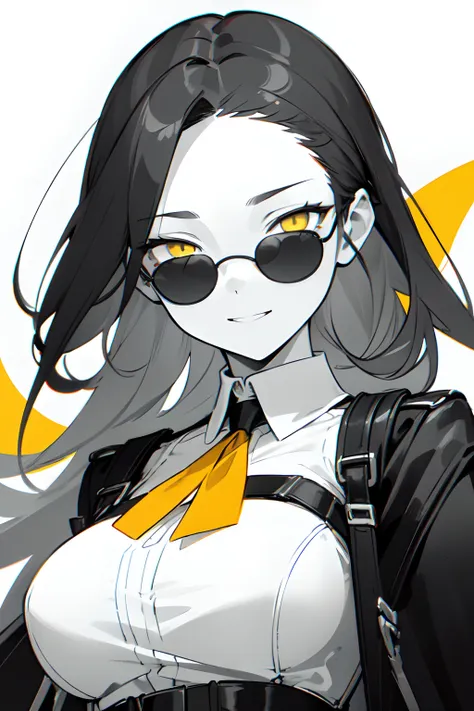 (((colored yellow eyes with greyscale background))), 1girl, woman, solo, long hair, big hair, (forehead:1.2), (round sunglasses:...