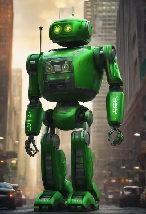 a green robot in a city with the word BTTIS engraved on its chest