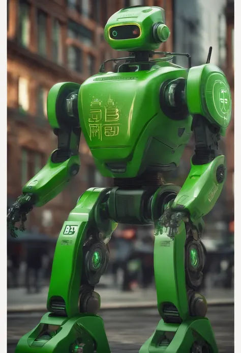 a green robot in a city with the word BTTIS engraved on its chest