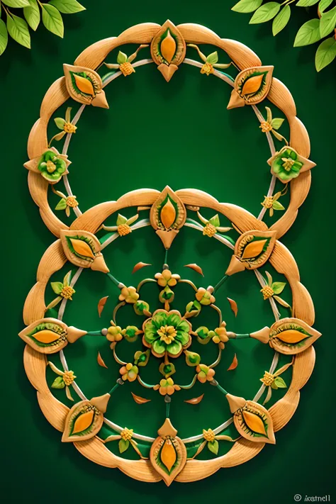 A round ornamental mandala made of green vegetation, plants, flowers and vines.