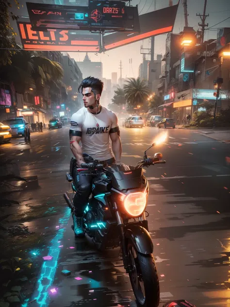 Change background cyberpunk handsome boy, original face, futuristic bike, muscle, nike shoe, 8k, ultra realistic