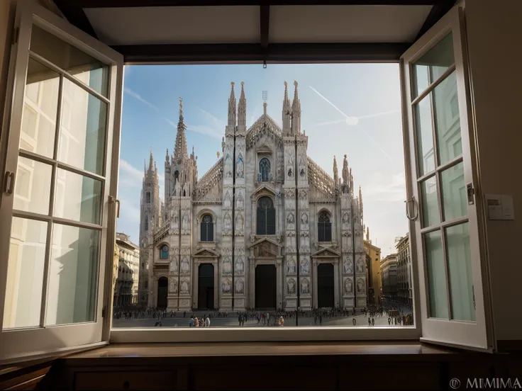 in front of a  huge rectangular window,on the 4th floor, outside the window there is  visible a piece of the Milan cathedral, Duomo of Milan,table overflowing with many cackes, manu cupcakes, masterpiece , High Detailed,