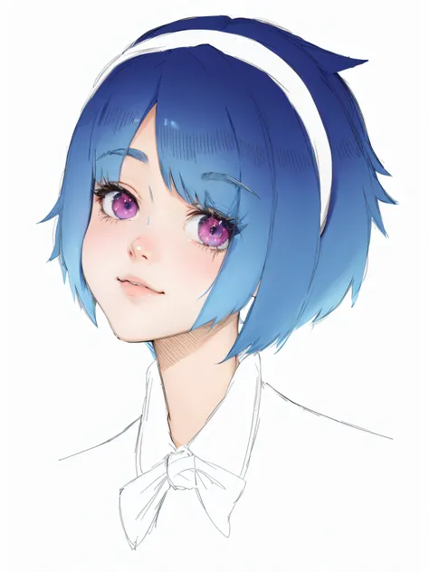 Un primer plano de una persona con cabello azul y una pajarita, Estilo anime 2D, Mujer corta de cabello azul, Sombreado plano estilo anime, Herramienta de pintura SAI!! azul, Rei Ayanami, Retrato estilo anime, inspirado por Rei Kamoi, en un estilo anime, C...