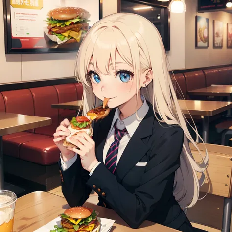 1 beauty,独奏:1.2, High school girl 18 years old, Watery Big Eyes，blazer and tie, (Happy smile)，long eyelasher, Blushlush,Platinum Blonde Perm Hair,At the table in a fast food restaurant, (Chewing a hamburger with a smile), ((Gnawing on a grabbed hamburger w...