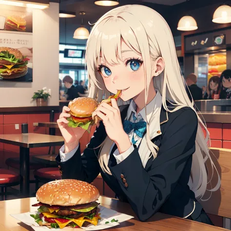 1 beauty,独奏:1.2, High school girl 18 years old, Watery Big Eyes，blazer and tie, (Happy smile)，long eyelasher, Blushlush,Platinum Blonde Perm Hair,At the table in a fast food restaurant, (Chewing a hamburger with a smile), ((Gnawing on a grabbed hamburger w...