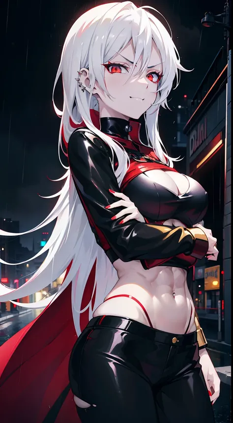 anime women, sexy dark outfit with red details, white hair, (golden eyes) standing in a rain soaked street at night, photorealistic, cinematic lighting (best quality:1.2),ultradetailed,(photorealistic:1.37),vivid colors,bokeh,[realistic], angry looking fac...