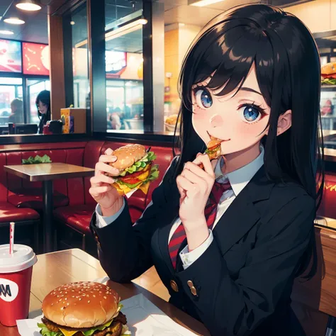 1 beauty, Female college student, Watery Big Eyes，blazer and tie, (Happy smile)，long eyelasher, Blushlush，Black Perm Hair,At the table in a fast food restaurant, (Chewing a hamburger with a smile),((Gnawing on a grabbed hamburger with both hands)),(Eat cle...