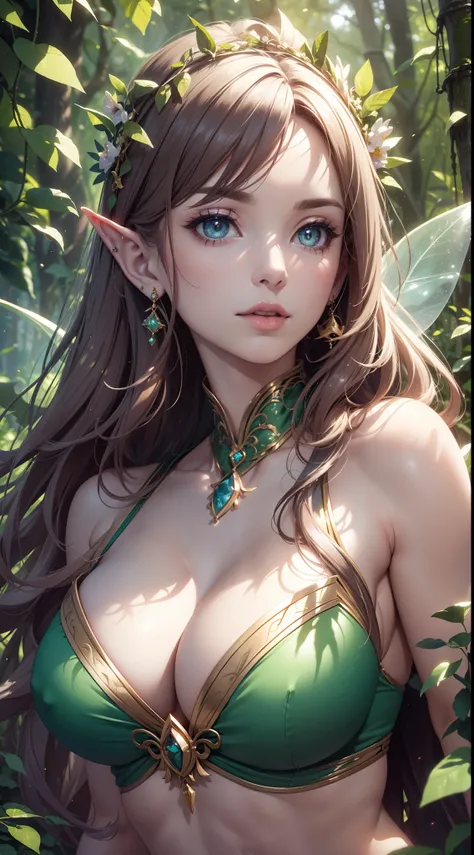 (best quality,4k,8k,highres,masterpiece:1.2),ultra-detailed,(realistic,photorealistic,photo-realistic:1.37),beautiful,sexy,slim,muscular,fit,petite elf forest girl, breasts, cleavage, sleeveless, bellybutton, enchanted forest,gentle sunlight,natural surrou...