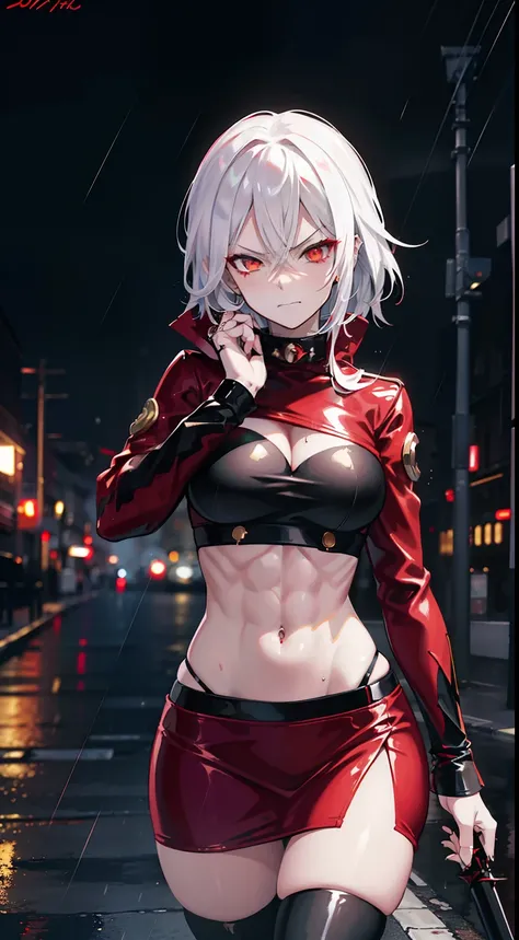 anime women, sexy dark outfit with red details, white hair, (golden eyes) standing in a rain soaked street at night, photorealistic, cinematic lighting (best quality:1.2),ultradetailed,(photorealistic:1.37),vivid colors,bokeh,[realistic], angry looking fac...