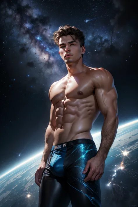 (masterpiece, high resolution, detailed:1.3), a mesmerizing depiction of a (strikingly handsome young man:1.2) donning (sleek and form-fitting swim trunks, bulge:1.2), standing against the backdrop of the vast and mysterious cosmos. His (toned physique:1.2...