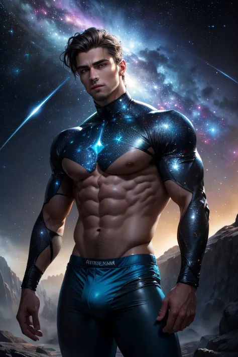 (masterpiece, high resolution, detailed:1.3), a mesmerizing depiction of a (strikingly handsome young man:1.2) donning (sleek and form-fitting swim trunks, bulge:1.2), standing against the backdrop of the vast and mysterious cosmos. His (toned physique:1.2...