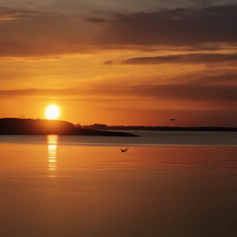 The sunset and the lonely birds fly together，The autumn water is the same for a long time，Soft gold tones depict the horizon of water and sky，IMAGE IN 2560X1440 PIXEL FORMAT