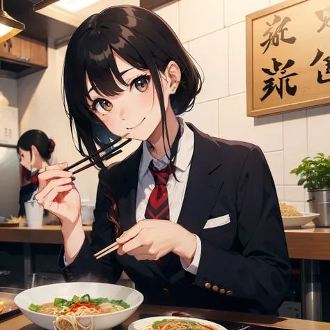 1 beauty, Female college student, Watery Big Eyes，blazer and tie, (Happy smile)，long eyelasher, Blushlush，Black perm hair, At the counter seat of a special ramen shop,1 ramen noodle, (Hold chopsticks skillfully with your right hand),(With smiling eyes,Brin...