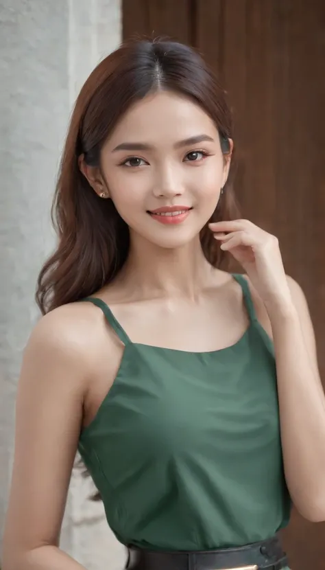 City pop,argent,blouse,basic crop top,green,woman leather bag,college building,universe, face the camera, smile, 19 year old girl, cute girl, beautiful girl, indonesian model, white healthy skin, delicate eyes, tied-up hair, ethnic earrings, golden tiara, ...