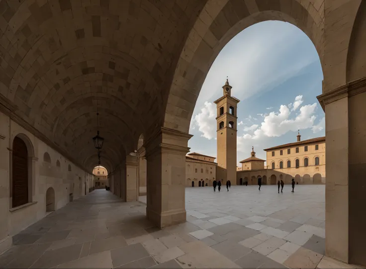 there is a large building with a clock tower in the background, by Alessandro Galli Bibiena, by Carlo Martini, a wide open courtyard in an epic, by Francesco Raibolini, by Vito DAncona, wideangle portrait, by Alfredo Volpi, by Luca Zontini, wide angle phot...