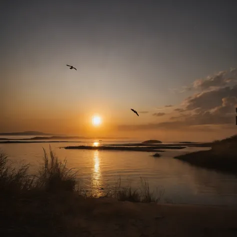 k hd，The sunset and the lonely birds fly together，The autumn water is the same for a long time，Soft gold tones depict the horizon of water and sky，IMAGE IN 2560X1440 PIXEL FORMAT