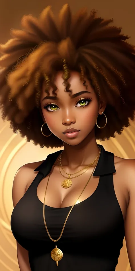 Black girl, green eyes, Afro hair, golden necklace, curly Afro hair, anime style, realistic, full