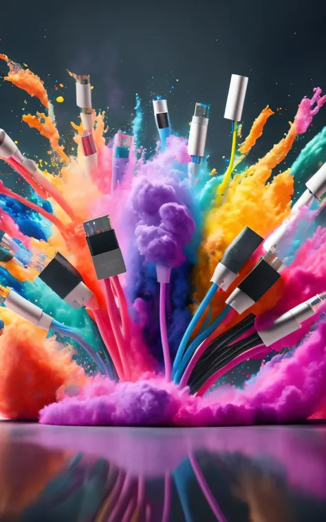 A group of colored CABLES is being sprayed with colored powder, fios coloridos, colorful explosion, an explosion of colors, Cabos Ethernet, CABO HDMI, Color Explosion, cores do bipe, cores explosivas, dramatic product photography, Cabos, explosion of color...