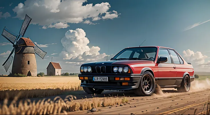 old red BMW e30 car, dirt road, wheat field, old windmill, sunny, clouds