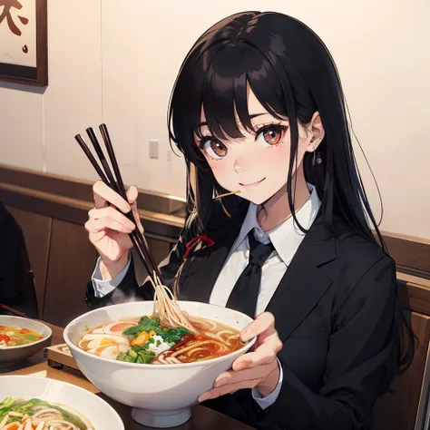 1 beauty, Female college student, Watery Big Eyes，blazer and tie, (Happy smile)，long eyelasher, Blushlush，Black Perm Hair, At the counter seat of a special ramen shop,A cup of ramen noodles,(Perfect chopstick grip), (Skillfully holding chopsticks with righ...