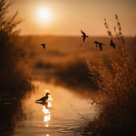 k hd，The sunset and the lonely birds fly together，The autumn water is the same for a long time，Soft gold tones depict the horizon of water and sky，IMAGE IN 2560X1440 PIXEL FORMAT