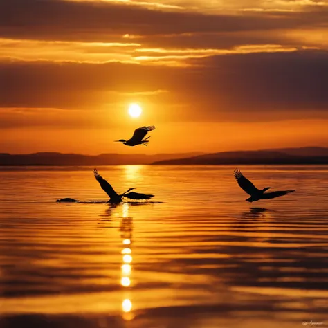 k hd，The sunset and the lonely birds fly together，The autumn water is the same for a long time，Soft gold tones depict the horizon of water and sky，IMAGE IN 2560X1440 PIXEL FORMAT