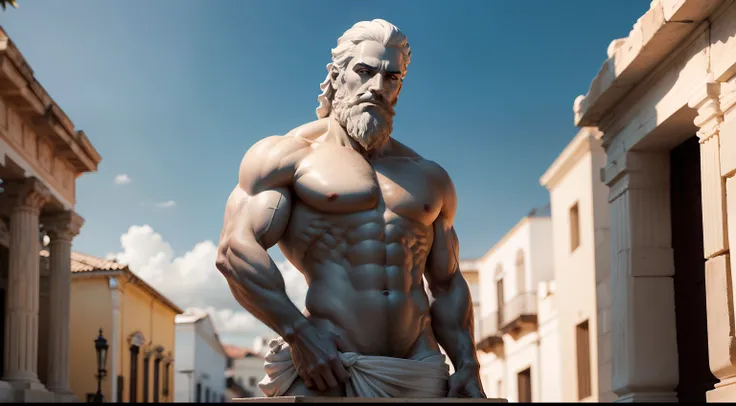 Estatua de un hombre fuerte con barba sin camisa, Blanco y negro realista, estoicismo, Poses estoicas, Antigua Grecia, Actitud estoica, pose estoica