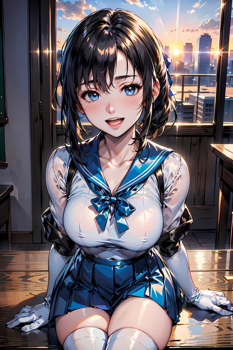 (1girl:1.3, solo), (sailor mercury:1.3), (upper body:1.3), (classroom:1.3,sitting on the table:1.3), (leaning forward:1.3, hands between legs:1.3), BREAK, 1girl, solo, milf, European girl, hot model, (attractive model:1.37), (promotional model:1.2), highly...