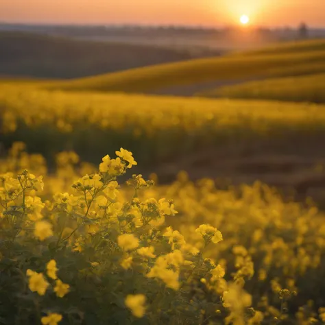 k hd，The tranquility of the warmly blooming rape flowers at the autumn dawn，Soft golden tones depict the horizon of the flower fields and the sky，Scattered towards small wildflowers，IMAGE IN 2560X1440 PIXEL FORMAT