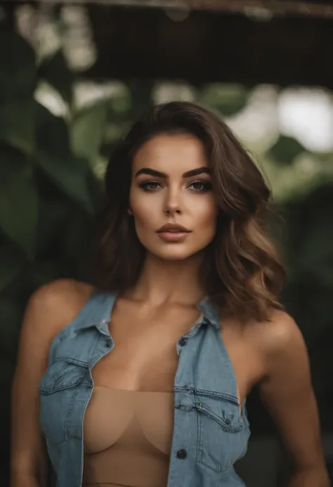 Arafed woman with tank top and black pants, Menina sexy com olhos castanhos, Retrato Sophie Mudd, cabelos castanhos e olhos grandes, selfie de uma jovem mulher, Violeta Myers, sem maquiagem, Maquiagem natural, staring directly at camera, Rosto com Artgram,...