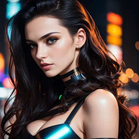 amoled ultra realistic photograph of a 25 years old european girl, RAW, beautiful woman, (extra long wavy black hair), ((portrait)), ((detailed face:1.2)), ((detailed facial features)), (finely detailed skin), pale skin, (high detailed deep cleavage cyberp...