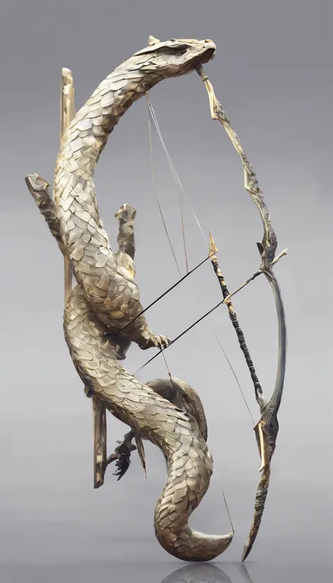 I imagine the bow (and arrow) of the god Oxossi (African ORIXÁ) made in the shape of a snake, super hyper detailed, blurred white background. cinematic