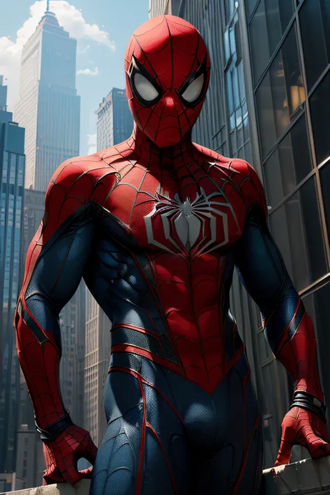 (masterpiece, high resolution, detailed:1.3), Amidst the towering skyscrapers of New York City, a young ((Spider-Man)) perches, ((shirtless:1.5)), revealing a toned physique honed from countless acrobatic swings between buildings. Even ((without the full s...