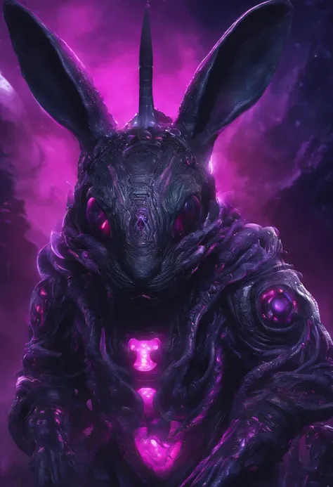 Rabbit with black and purple fur and magenta antlers, glowing eyes, night sky full of Eldritch horror and tentacles, best quality, masterpiece