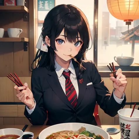 1 beauty, Female college student, Watery Big Eyes，large full breasts, blazer and tie, (Happy smile)，long eyelasher, Blushlush，Black Perm Hair, At the counter seat of a special ramen shop,A cup of ramen noodles,(Perfect chopstick grip:1.2), (Skillfully hold...