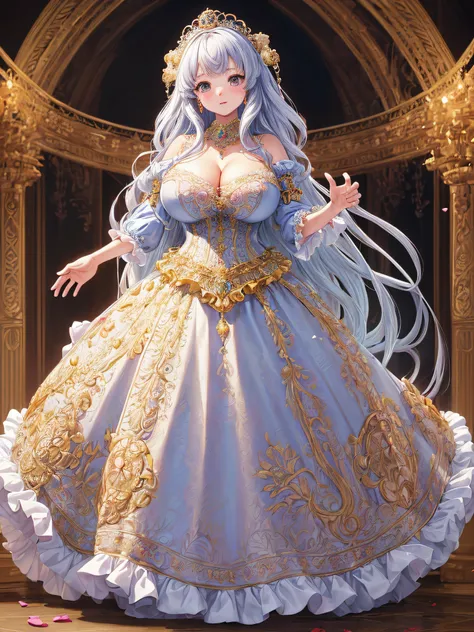 (masterpiece, best quality,extremely detailed:1.1),(moe anime art style:1.2),1girl,((full body,focus face)),((solo)), cute, kawaii,digital art,((1 gorgeous anime princess wearing beautiful embroidery and jeweled ruffled gorgeous princess rococo ballgown wi...