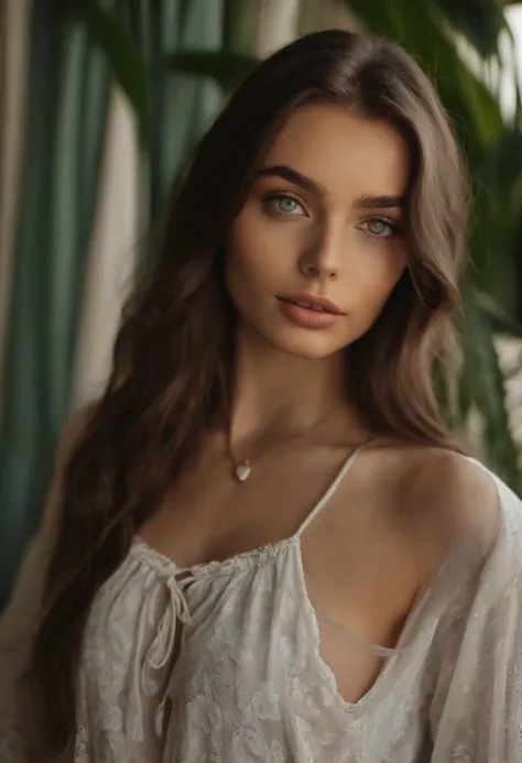 sexy girl with green eyes, portrait sophie mudd, brown hair and large eyes, selfie of a young woman, bedroom eyes, violet myers, without makeup, natural makeup, looking directly at the camera, face with artgram, subtle makeup, stunning full body shot, pier...