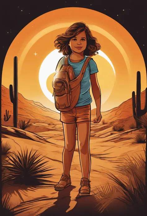 print ready vector t-shirt design, adventure scene with little girl, with beautiful nocturnal sun and desert in the background, clean white background, professional vector, full shot, 8K resolution, deep impression illustration