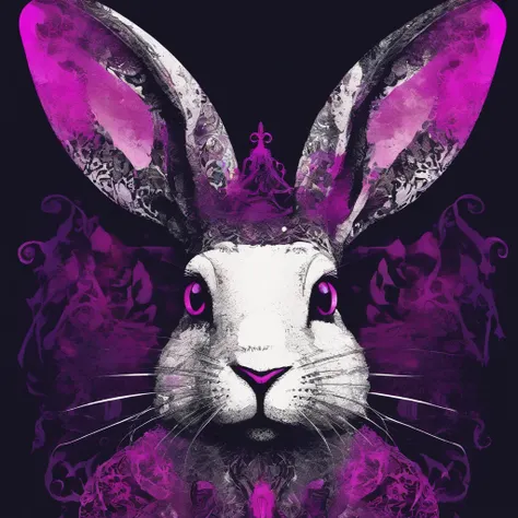 Rabbit with black and purple fur and magenta antlers, glowing eyes, night sky full of Eldritch horror and tentacles, best quality, masterpiece