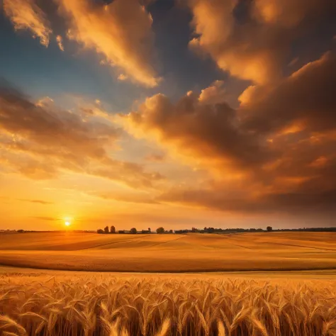 k hd，Golden wheat fields at sunset in autumn，Pastel golden tones depict the horizon of the wheat fields and the sky，IMAGE IN 2560X1440 PIXEL FORMAT