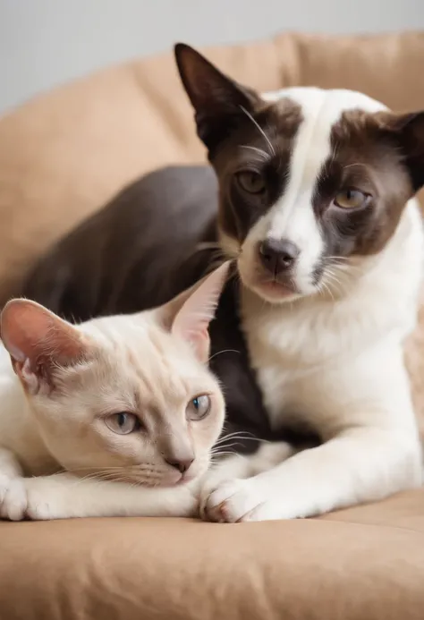 cachorro labrador, Siamese cat lying together as friends