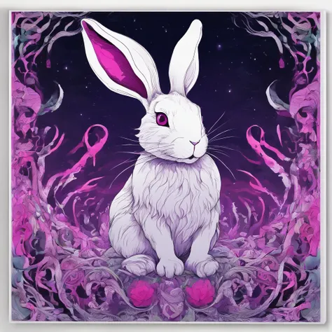 Rabbit with black and purple fur and magenta antlers, glowing eyes, night sky full of Eldritch horror and tentacles, best quality, masterpiece