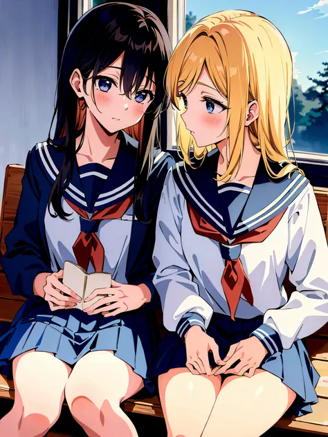 (best quality masterpiece:1.2) 8k (detailed shoujo manga style:1.4) 2girls, beautiful, absurdres, school uniform, yuri, serafuku, eye contact, school window sunset lighting