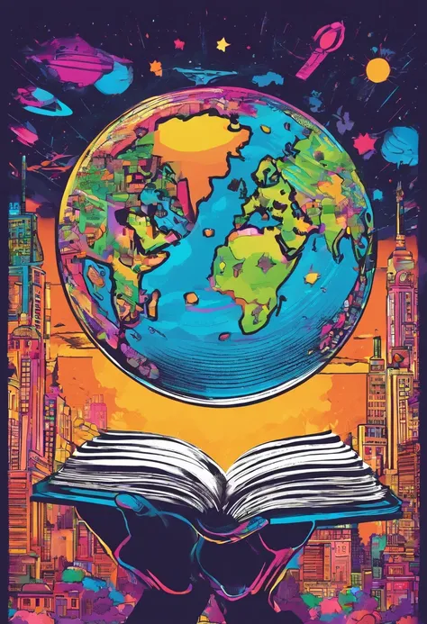 Two hands holding an open book, out of the book came out a planet shaped like a lamp, city background with people, blurred background, realistic image.