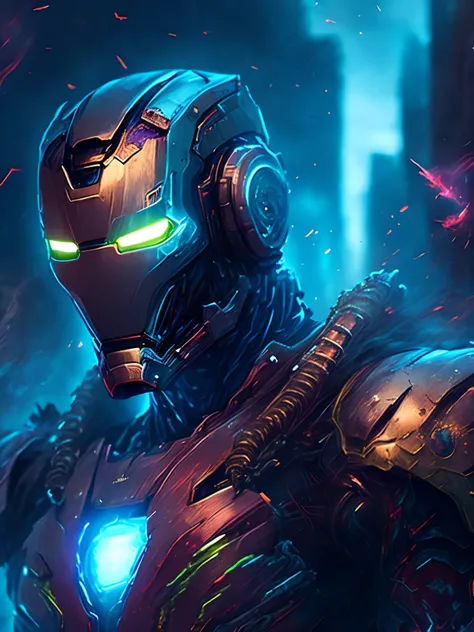 gloomy portrait of Zombie Iron Man from Marvel, extremely detailed, futuristic cityscape, nighttime, glowing neon lights, smoke, sparks, metal shavings, flying debris, blue energy effects, volumetric light