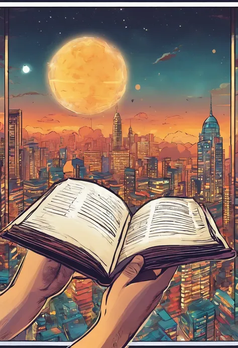 Two hands holding an open book, out of the book came out a planet shaped like a lamp, city background with people, blurred background, realistic image